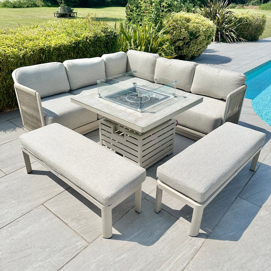 Chimes - Portofino Aluminium & Rope Compact Corner Dining Set With Rising Fire-Pit Table