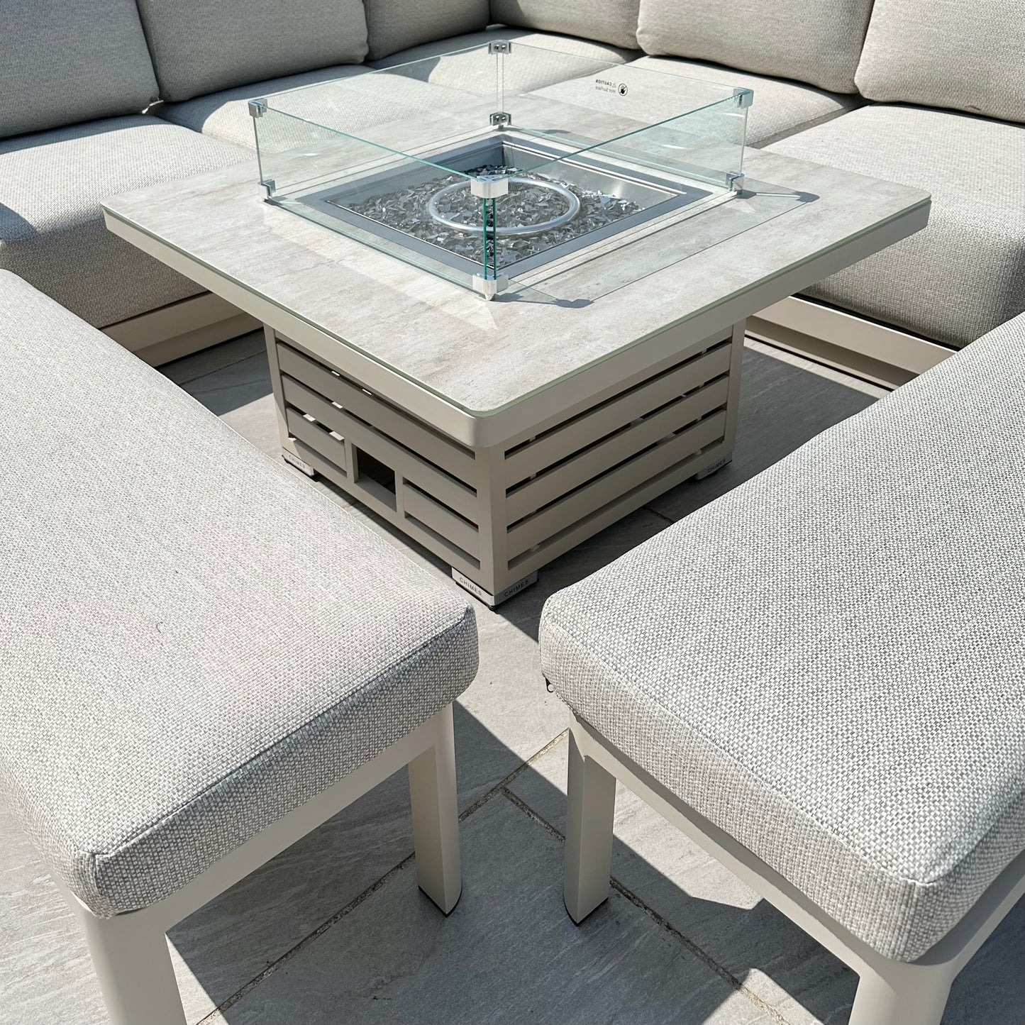 Chimes - Portofino Aluminium & Rope Compact Corner Dining Set With Rising Fire-Pit Table