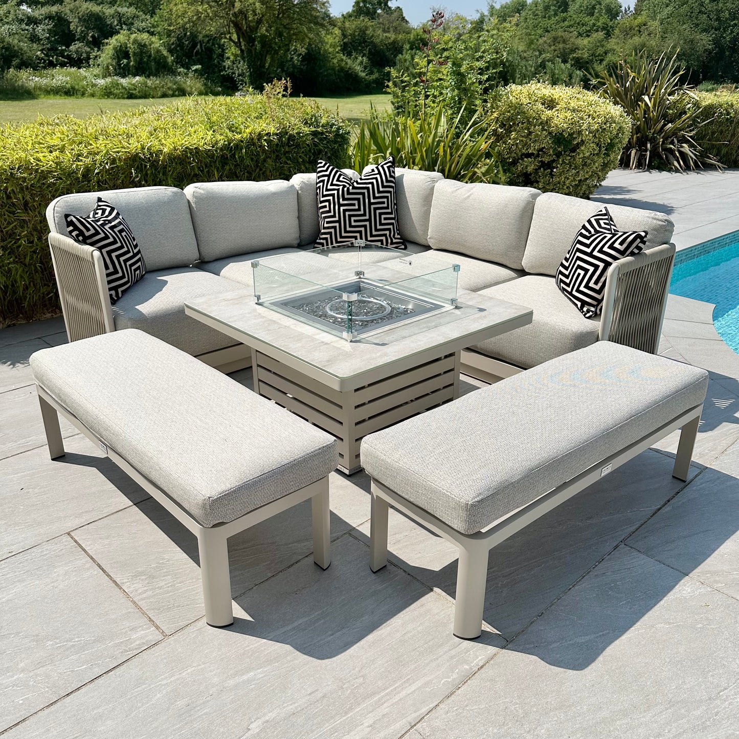 Chimes - Portofino Aluminium & Rope Compact Corner Dining Set With Rising Fire-Pit Table