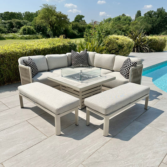 Chimes - Portofino Aluminium & Rope Compact Corner Dining Set With Rising Fire-Pit Table