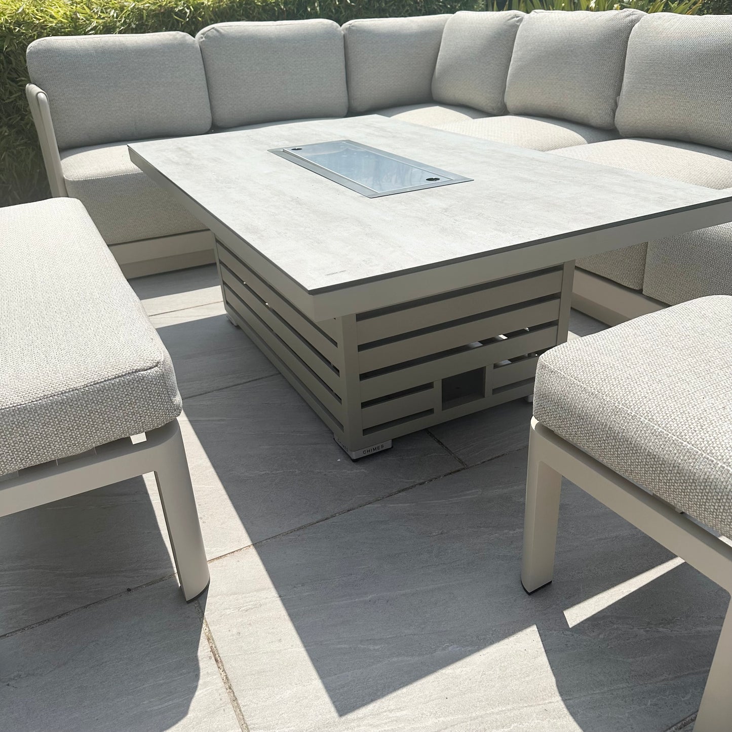 Chimes - Portofino Casual Aluminium & Rope Corner Dining Set With Rising Firepit Table - Left & Right Hand - Cream