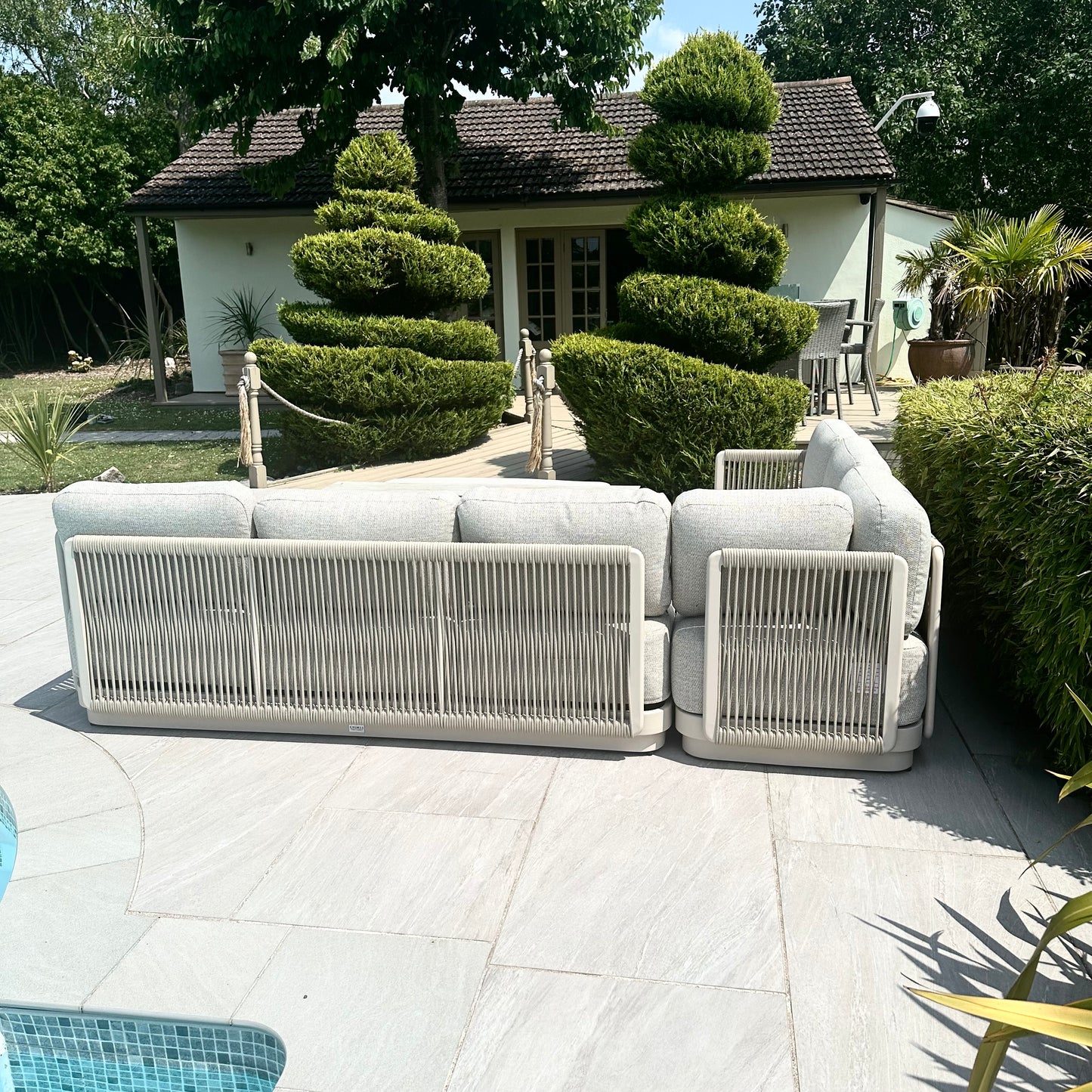 Chimes - Portofino Casual Aluminium & Rope Corner Dining Set With Rising Firepit Table - Left & Right Hand - Cream