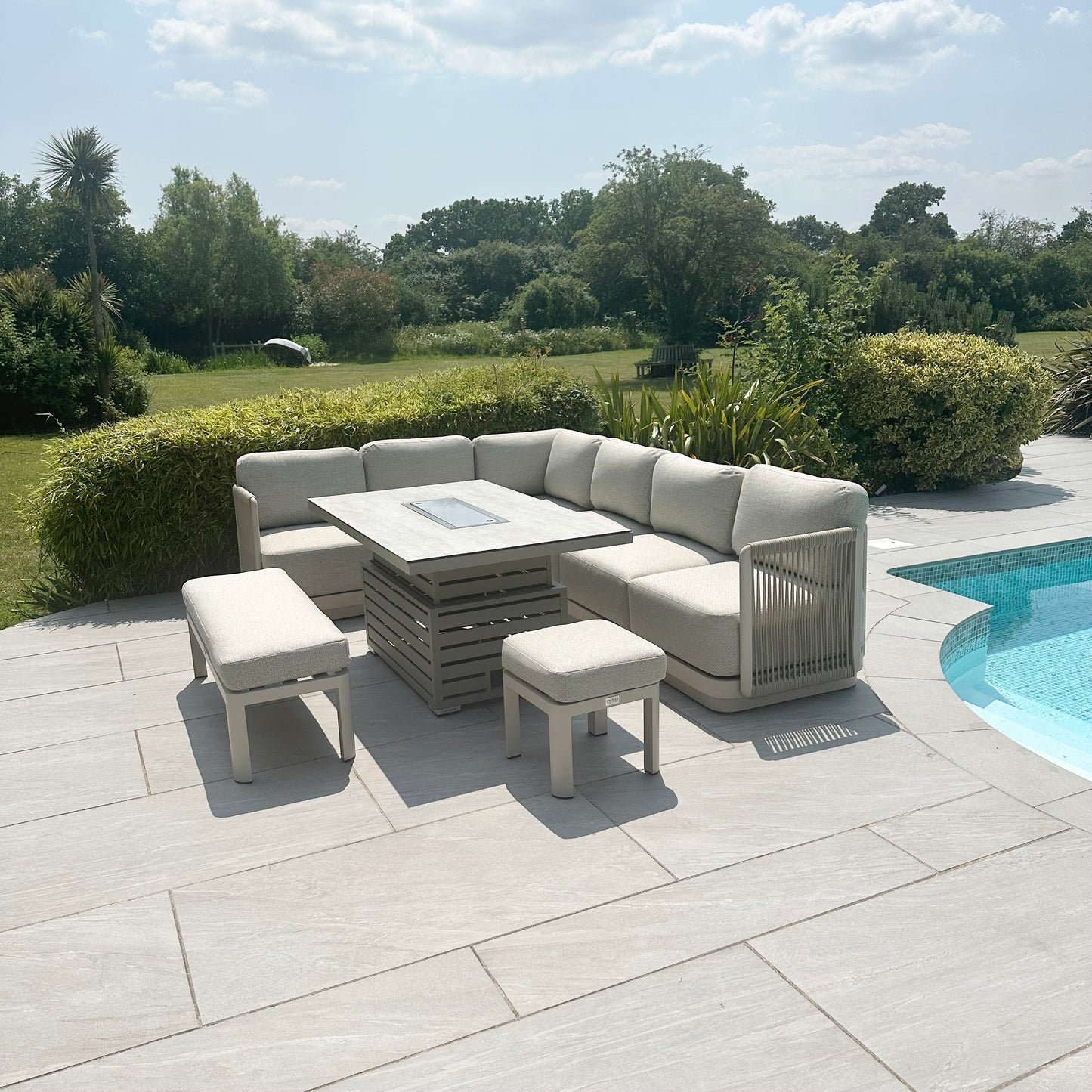 Chimes - Portofino Casual Aluminium & Rope Corner Dining Set With Rising Firepit Table - Left & Right Hand - Cream