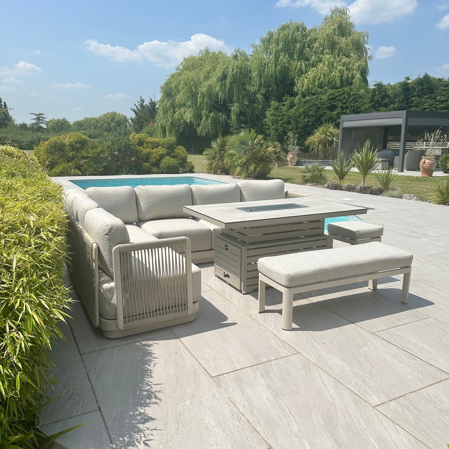 Chimes - Portofino Casual Aluminium & Rope Corner Dining Set With Rising Firepit Table - Left & Right Hand - Cream