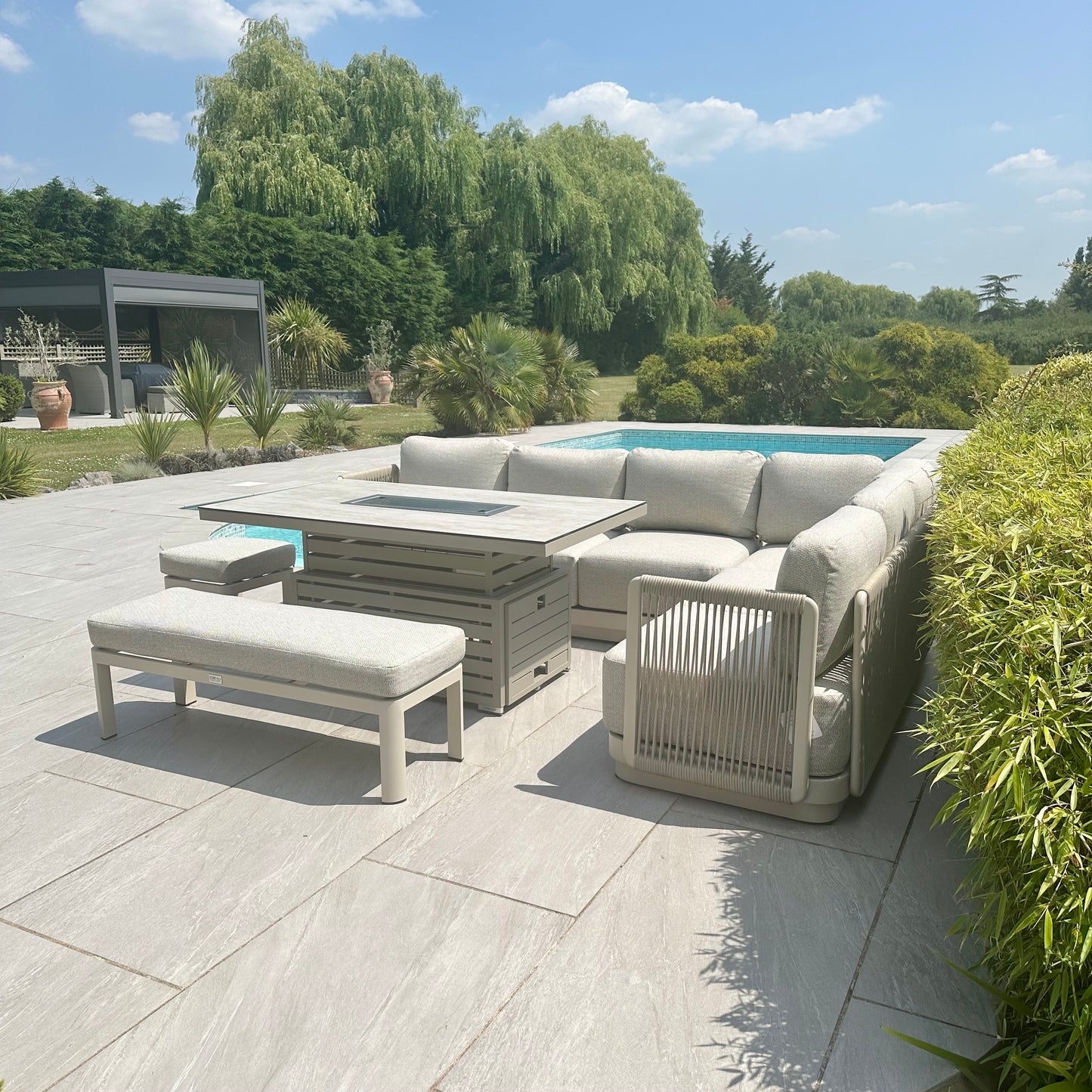 Chimes - Portofino Casual Aluminium & Rope Corner Dining Set With Rising Firepit Table - Left & Right Hand - Cream