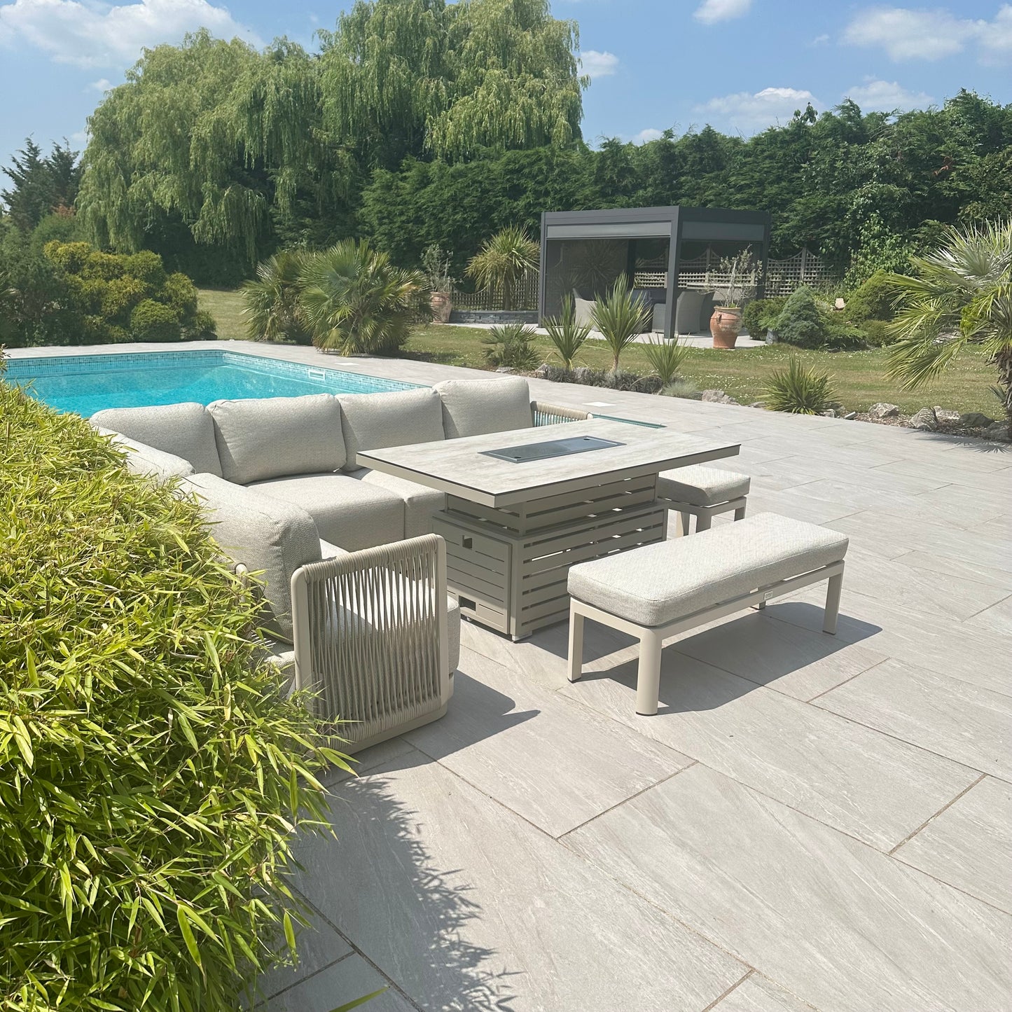 Chimes - Portofino Casual Aluminium & Rope Corner Dining Set With Rising Firepit Table - Left & Right Hand - Cream
