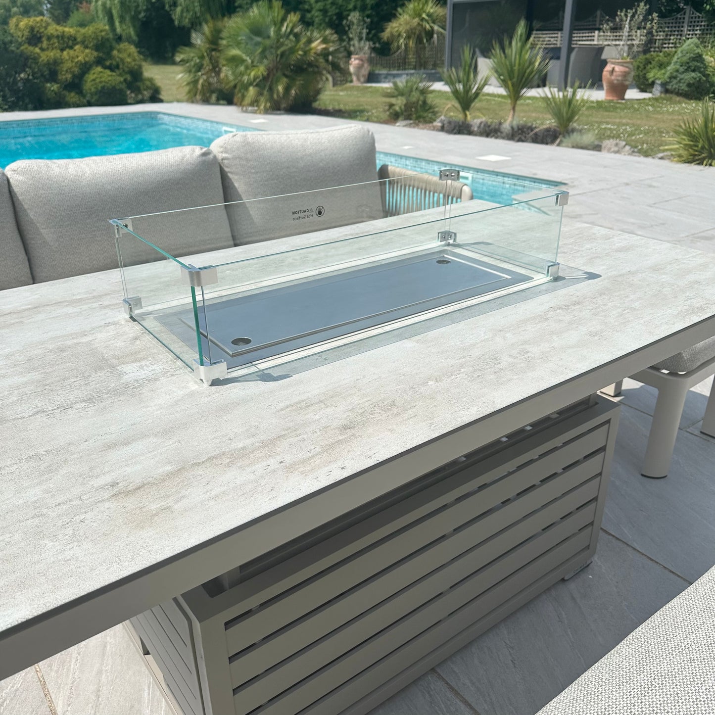 Chimes - Portofino Casual Aluminium & Rope Corner Dining Set With Rising Firepit Table - Left & Right Hand - Cream