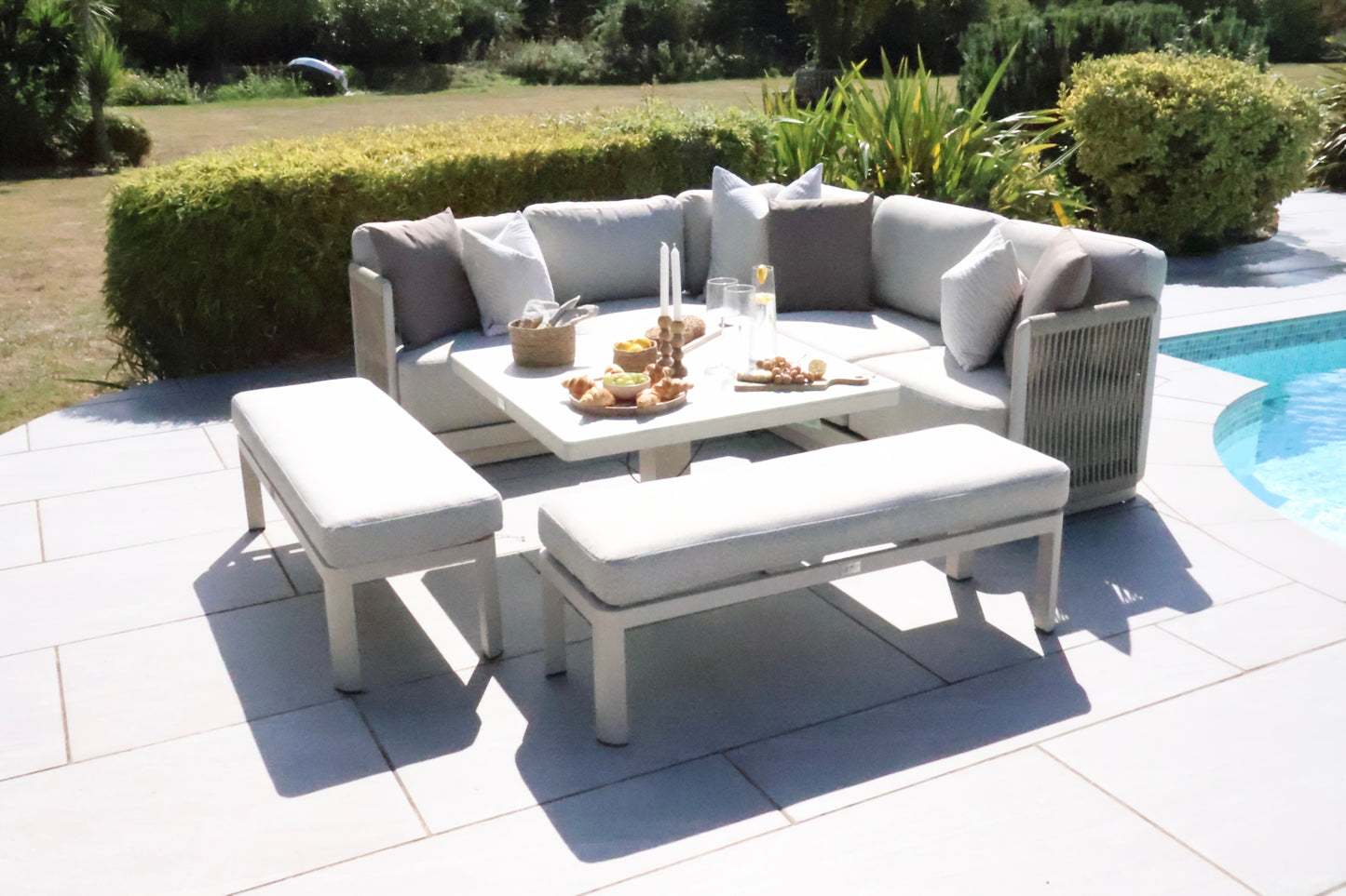 Chimes - Portofino Aluminium & Rope Compact Corner Dining Set With Rising Table - Cream