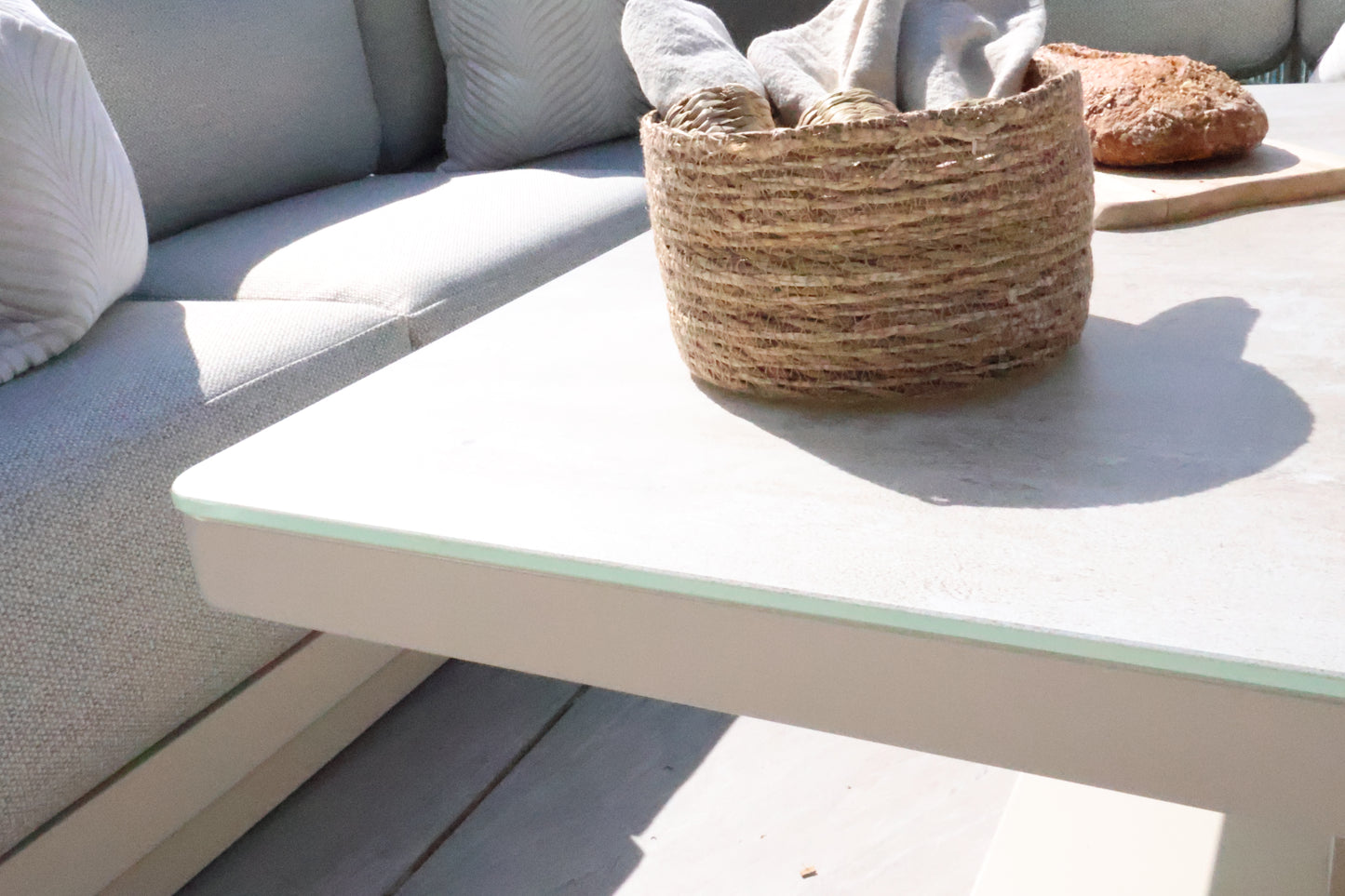 Chimes - Portofino Aluminium & Rope Compact Corner Dining Set With Rising Table - Cream