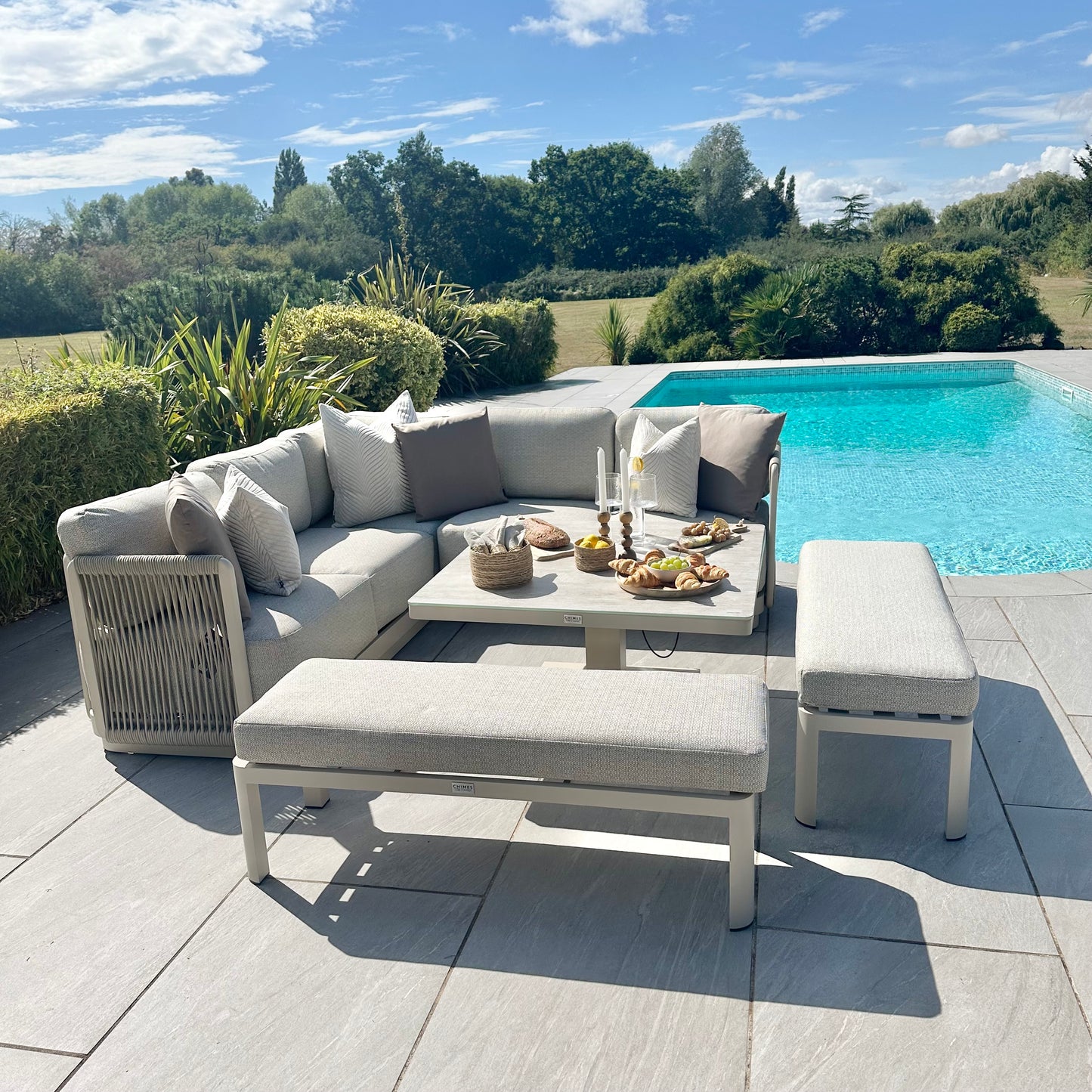 Chimes - Portofino Aluminium & Rope Compact Corner Dining Set With Rising Table - Cream