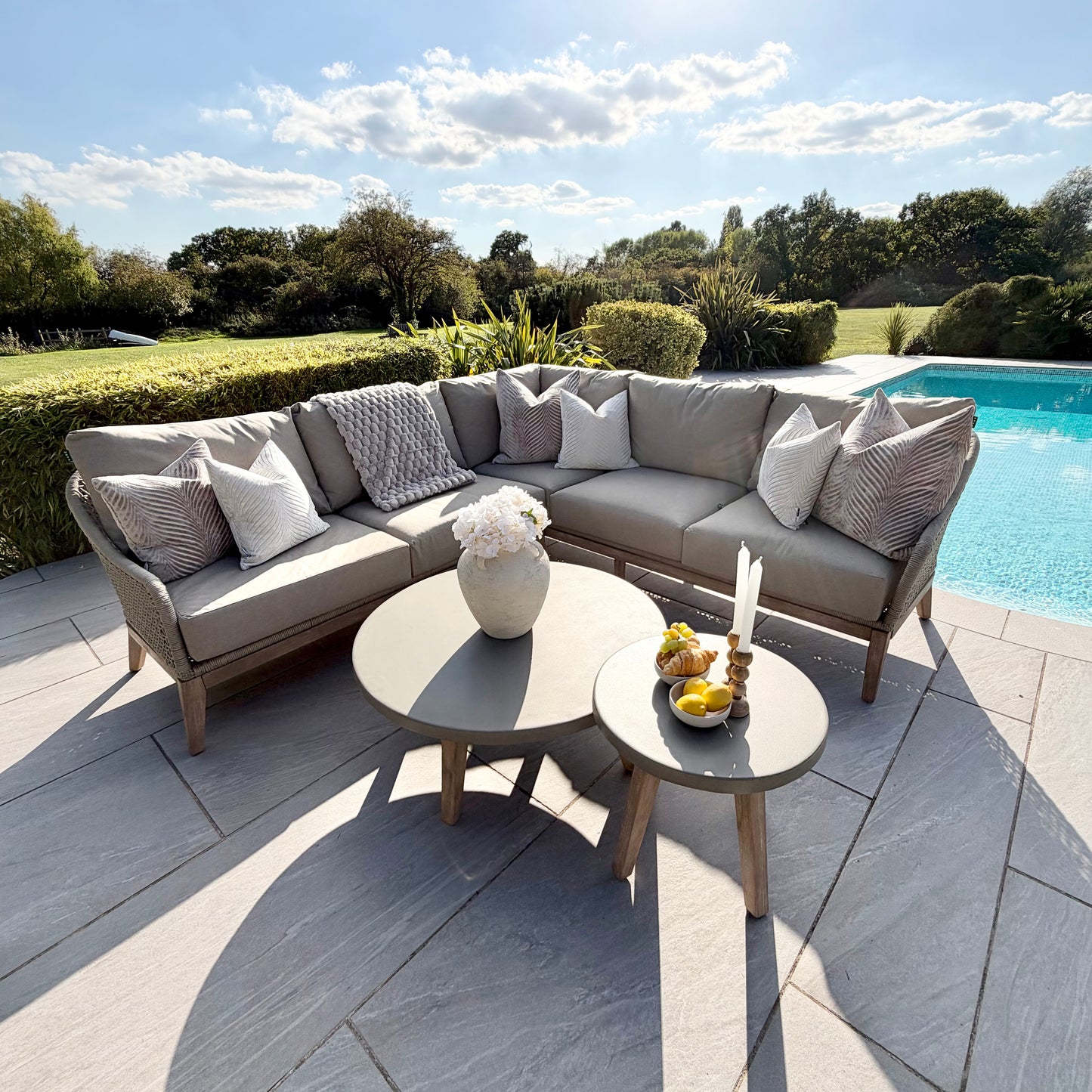 Nova - Summer Corner Sofa Set with Round Coffee Table & Side Table - Beige - LOW STOCK