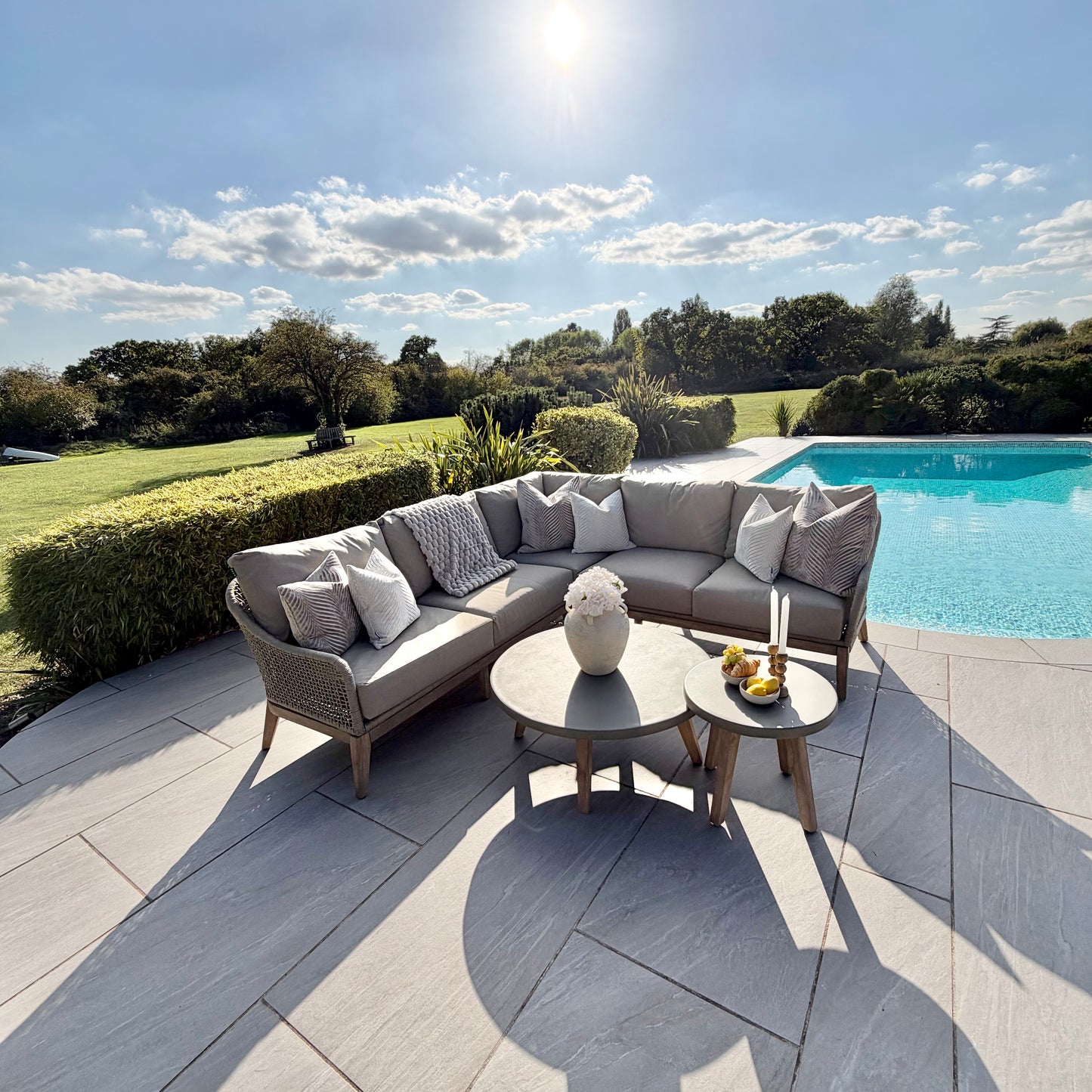 Nova - Summer Corner Sofa Set with Round Coffee Table & Side Table - Beige - LOW STOCK