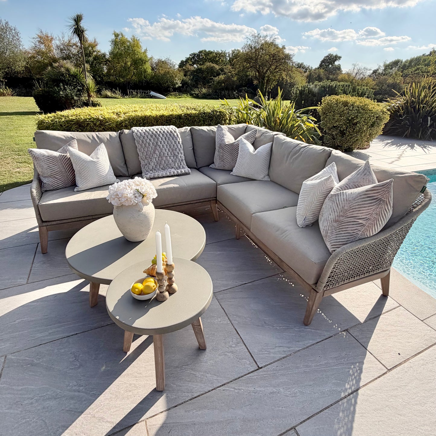 Nova - Summer Corner Sofa Set with Round Coffee Table & Side Table - Beige - LOW STOCK