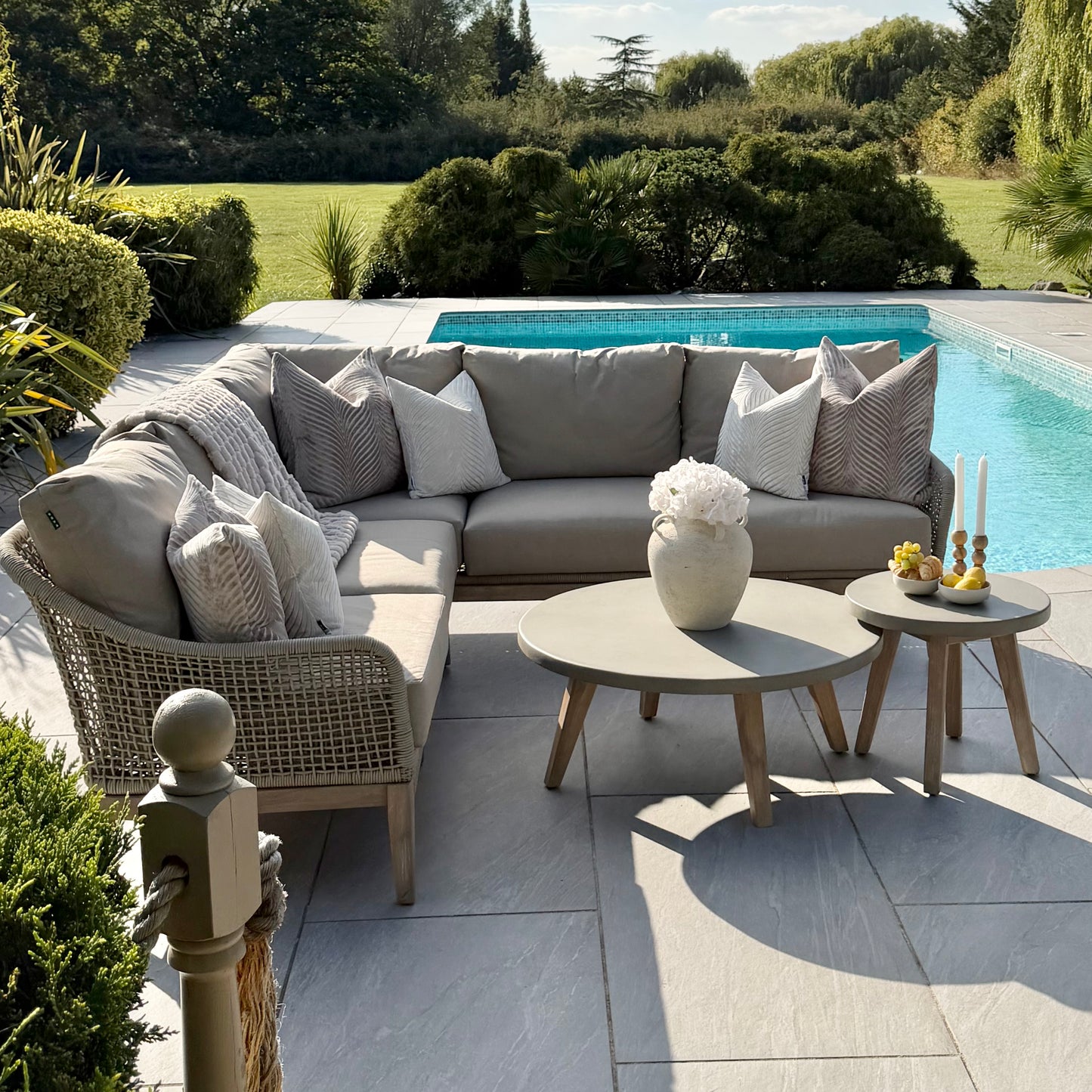 Nova - Summer Corner Sofa Set with Round Coffee Table & Side Table - Beige - LOW STOCK