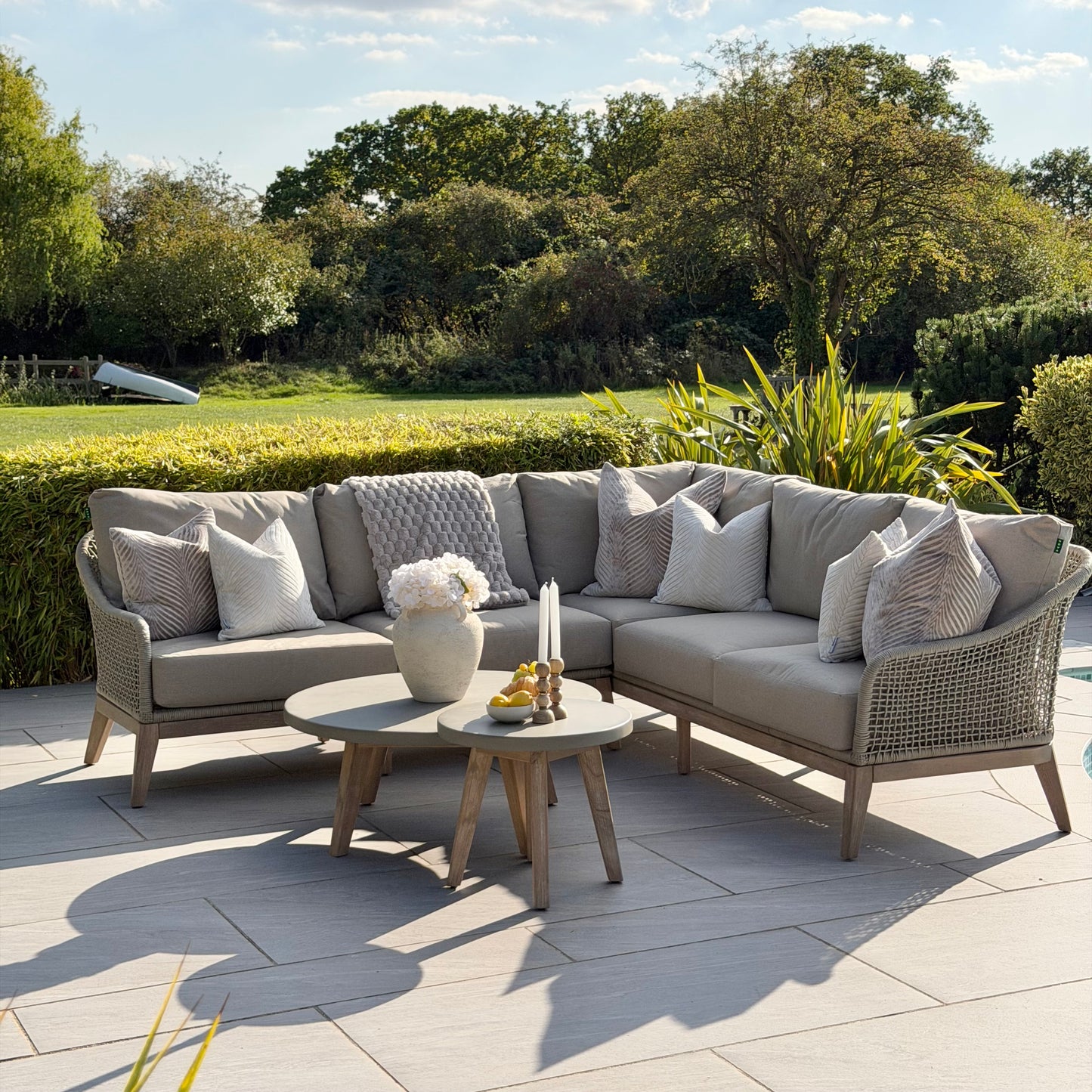 Nova - Summer Corner Sofa Set with Round Coffee Table & Side Table - Beige - LOW STOCK