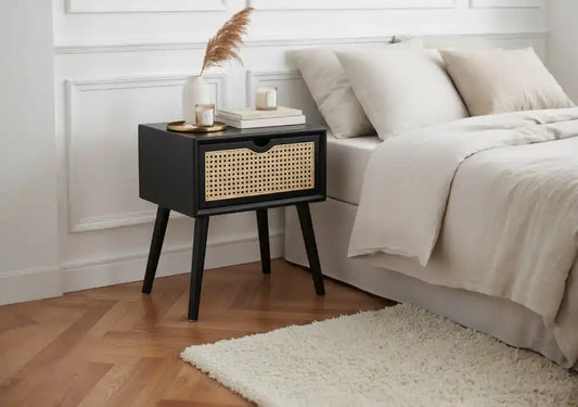 Caruso Black Side Table with Rattan Drawer