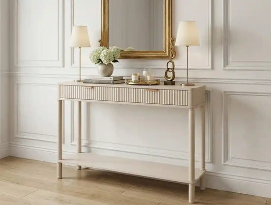 Harley Two Drawer Reed Detail Taupe Wood Console Table