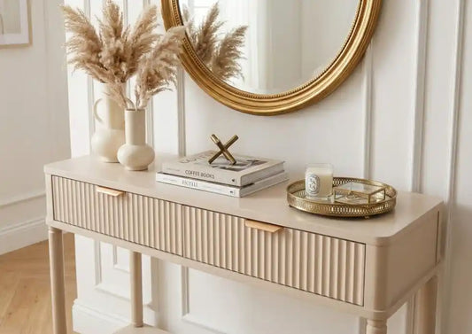 Harley Two Drawer Reed Detail Taupe Wood Console Table