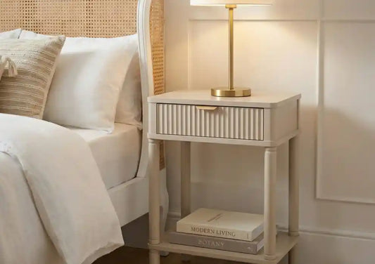 Harley One Drawer Reed Detail Taupe Wood Side Table