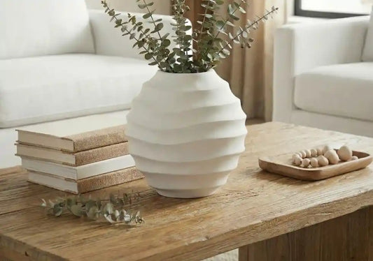 Nira Small Ivory Finish Rippled Round Vase