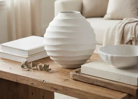 Nira Large Ivory Finish Rippled Round Vase