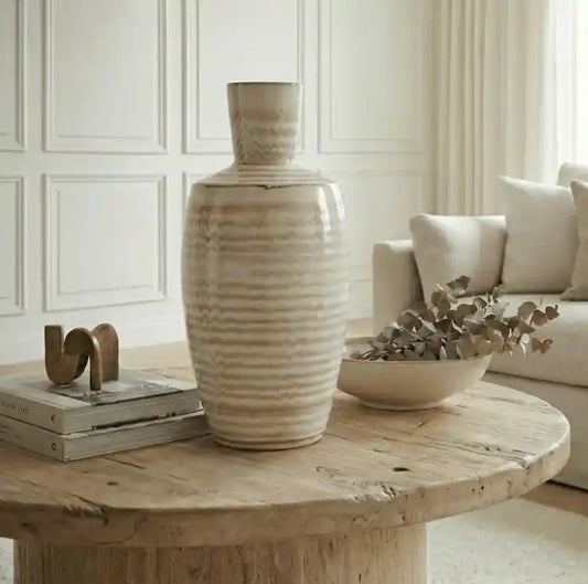 37cm Beige and Brown Stripes Ceramic Vase