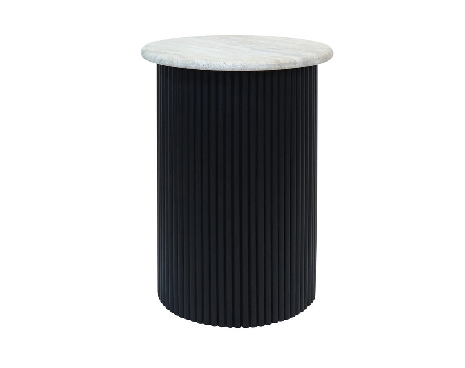 Tyler Travertine Top Side Table with Black Acacia Wood Base