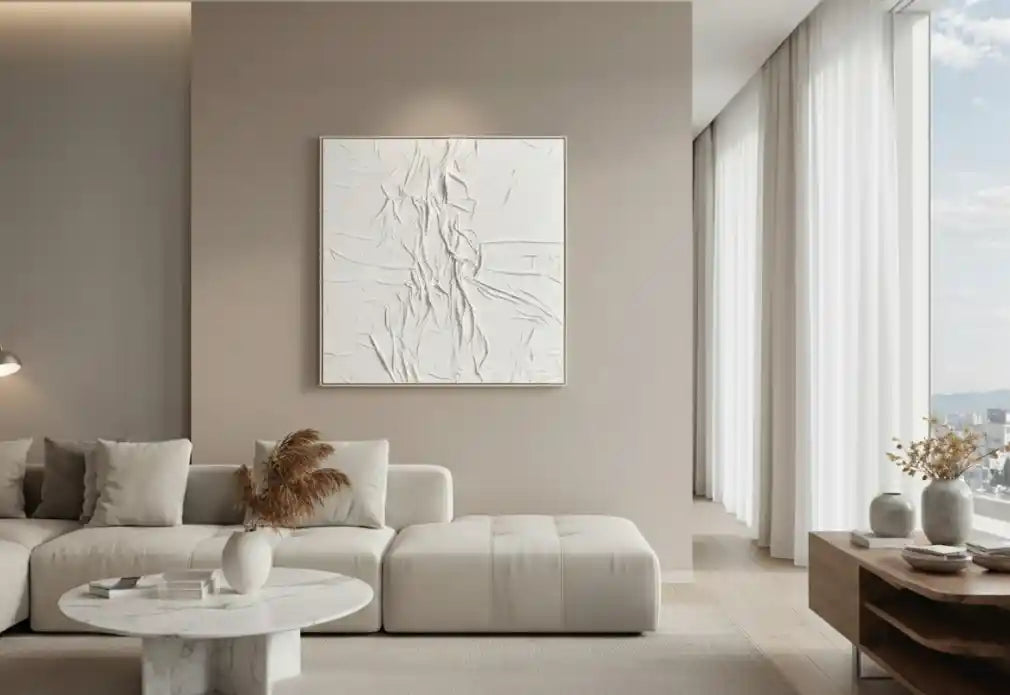 Ainsley Canvas White Pleated Fabric Hand Painted Wall Art