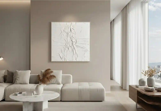 Ainsley Canvas White Pleated Fabric Hand Painted Wall Art