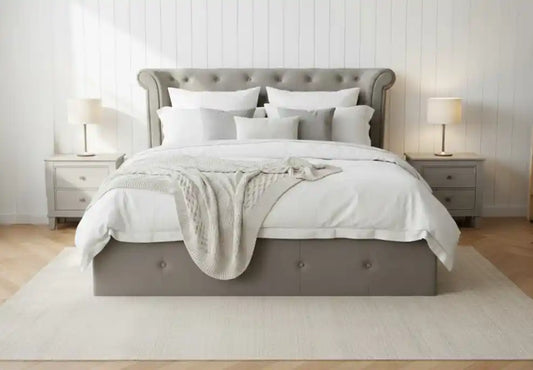 Chimes - Beatrix Grey Brush Velvet Ottoman Kingsize Bed