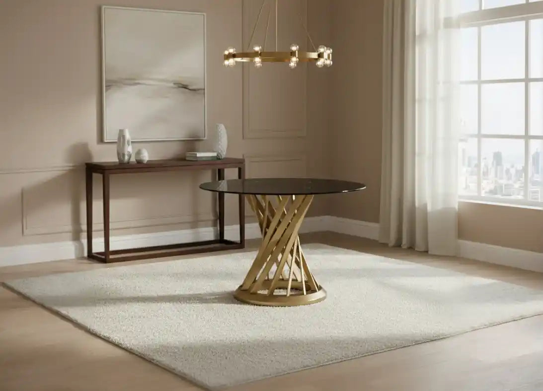 Allure Black Glass And Gold Hourglass Base Dining Table