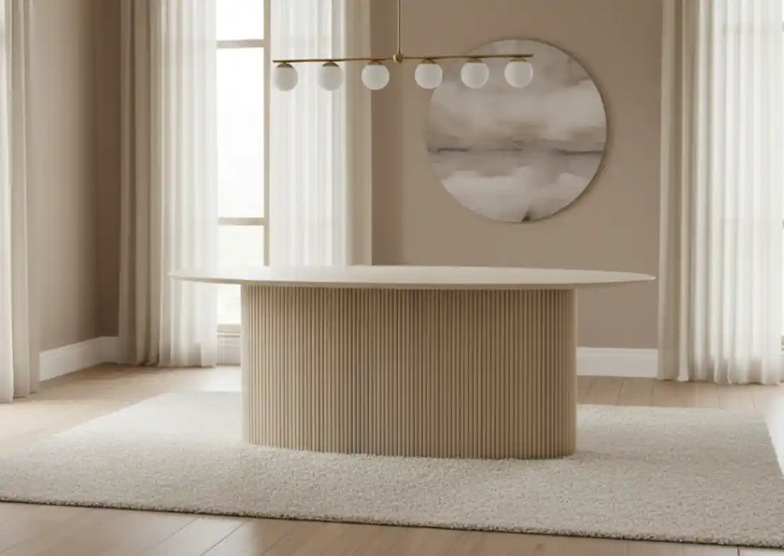 Tropez Mango Wood Grey Finish Ridge Detail Oval Dining Table