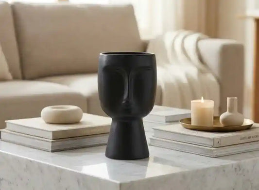 32.8cm Face Design Ceramic Vase Matte Black