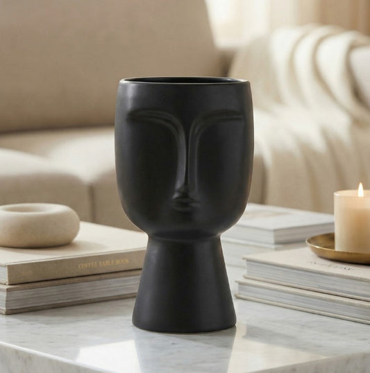 32.8cm Face Design Ceramic Vase Matte Black