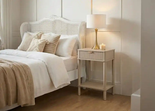 Harley One Drawer Reed Detail Taupe Wood Side Table