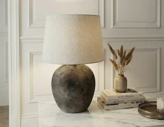 57cm Light Brown Stone Finish Table Lamp with Natural Linen Shade