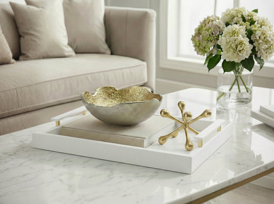 40 x 27 White Faux Litchi with Gold Handle Tray