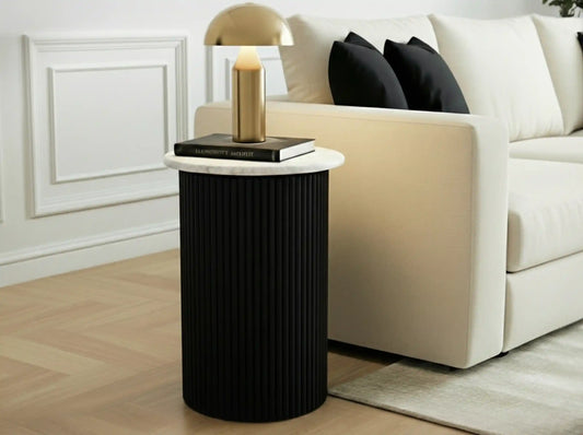 Tyler Travertine Top Side Table with Black Acacia Wood Base