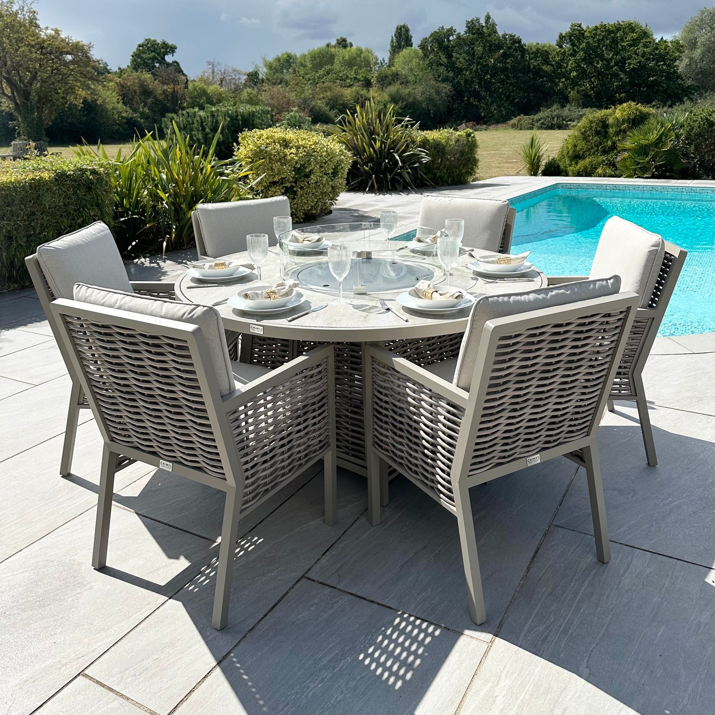 Chimes - Monaco Aluminium 6 Seat Round Dining Set - 1.5 Meter Round Table With Firepit - Rope Weave - Cream
