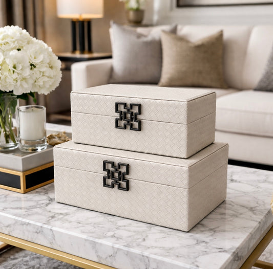 Chimes - Set of 2 Cream Woven Faux Leather Jewellery Boxes