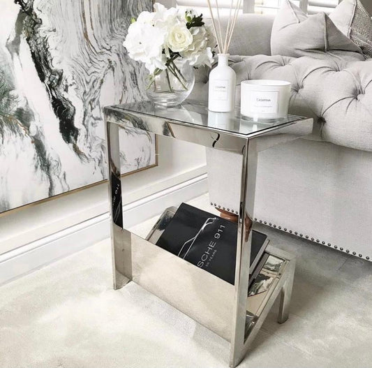 Chimes - Stainless glass top magazine rack side table