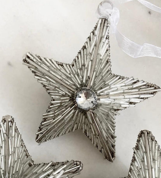 Small silver bejeweled star christmas tree decoration