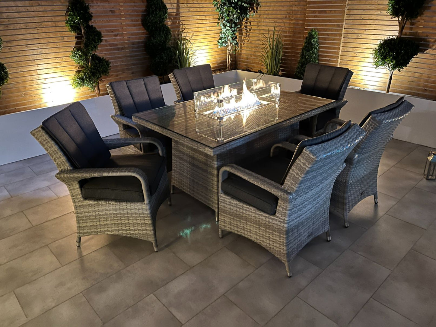 Chimes - Stone Grey Verona 6 Seat Rectangular Dining Set - 1 Meter x 1.5 Meter Firepit Table - 1 IN STOCK