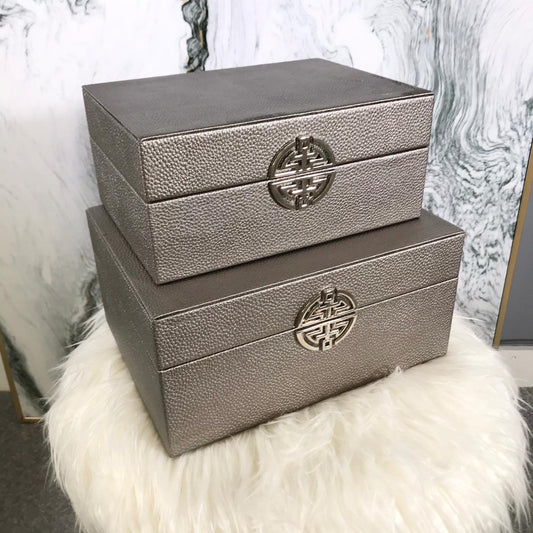 Chimes - Set of 2 Pewter Faux Leather Jewellery Boxes with silver clasp