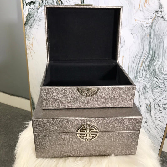 Chimes - Set of 2 Pewter Faux Leather Jewellery Boxes with silver clasp