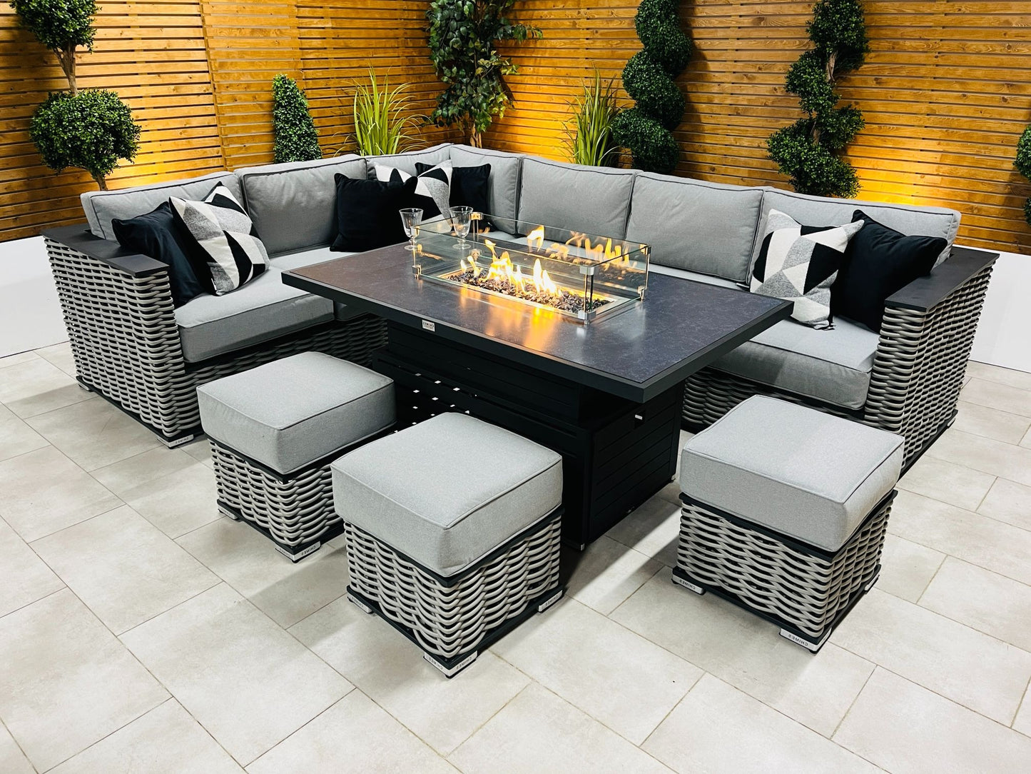 Chimes - Monaco Aluminium Left Hand Corner Dining Set with Rising Firepit Table - Rope Weave