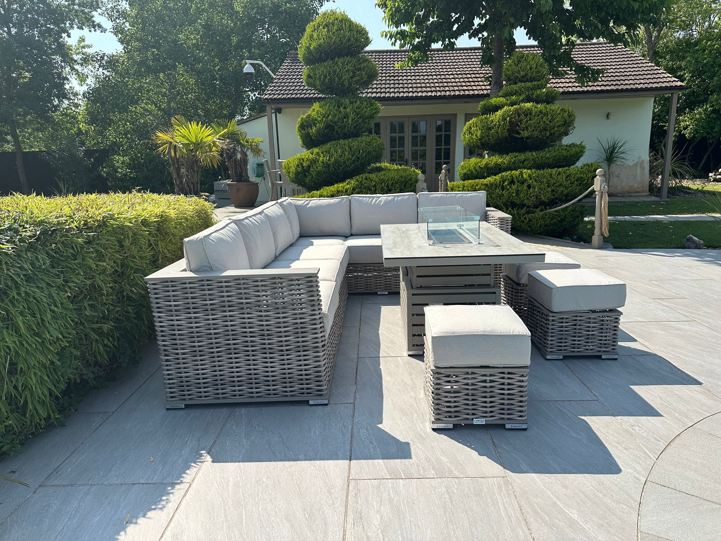Chimes - Monaco Aluminium & Rope Right Hand Corner Dining Set with Rising Firepit Table - Cream