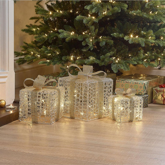 Set of 3 Soft Acrylic Small Christmas Parcels - Gold Bow - LAST 2 SETS LEFT