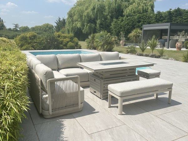 Chimes - Portofino Casual Aluminium & Rope Corner Dining Set With Rising Firepit Table - Left & Right Hand - Cream