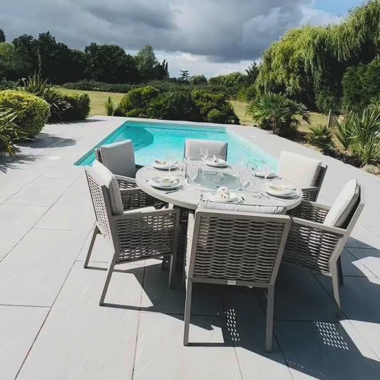 Chimes - Monaco Aluminium 6 Seat Round Dining Set - 1.5 Meter Round Table With Firepit - Rope Weave - Cream